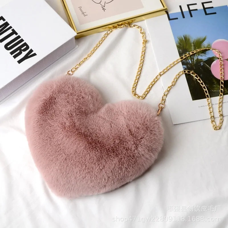 Cozy Heart Shaped Faux Fur Crossbody Wallet