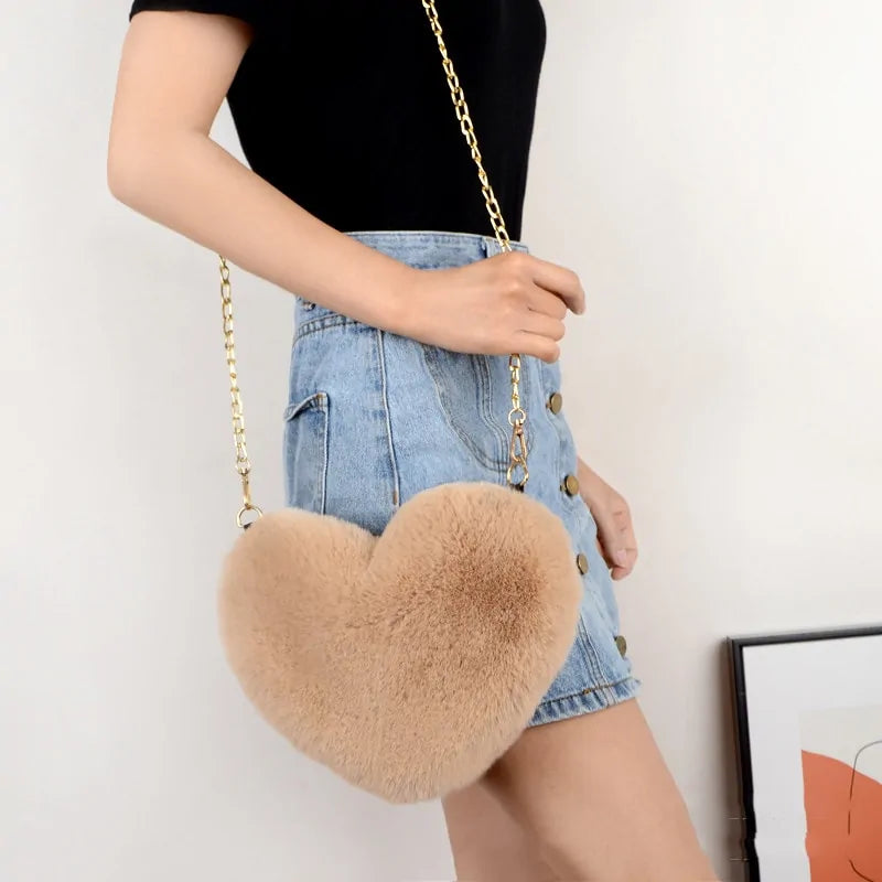 Cozy Heart Shaped Faux Fur Crossbody Wallet