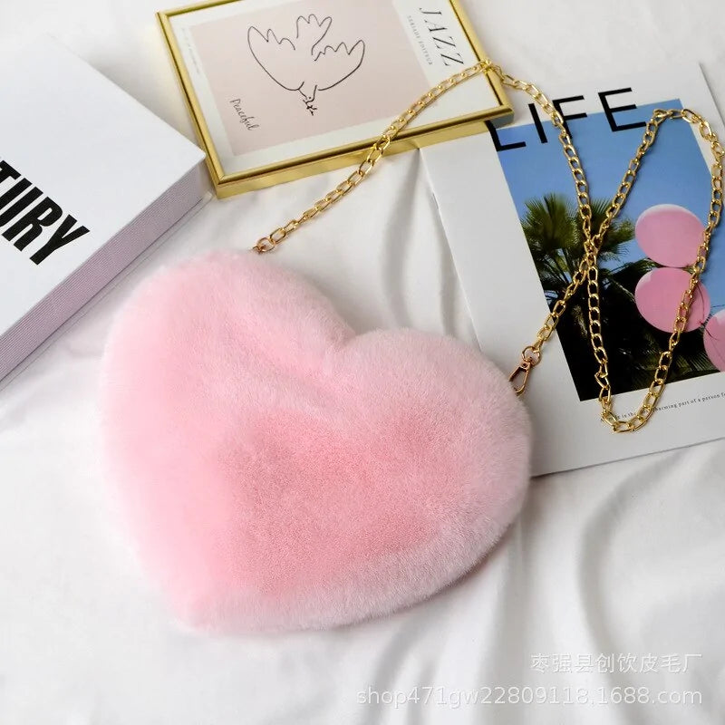 Cozy Heart Shaped Faux Fur Crossbody Wallet