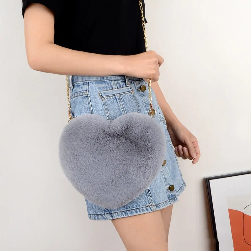 Cozy Heart Shaped Faux Fur Crossbody Wallet