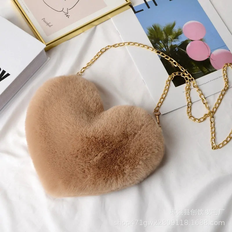 Cozy Heart Shaped Faux Fur Crossbody Wallet