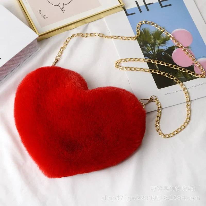 Cozy Heart Shaped Faux Fur Crossbody Wallet