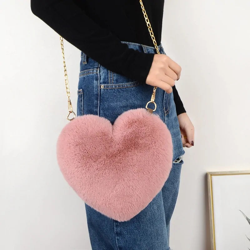 Cozy Heart Shaped Faux Fur Crossbody Wallet